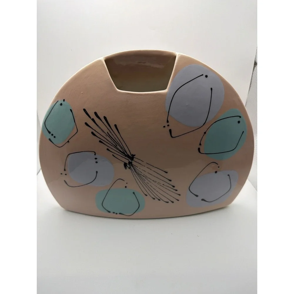 Fab Fifties Mid Century Modern Atomic Ceramic Vase Abstract Peach Teal Signed